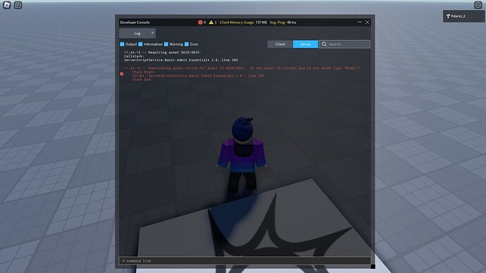 The image shows a developer console window displaying error messages, with a 3D game environment visible in the background featuring a blocky character model standing on a reflective surface. (Captioned by AI)