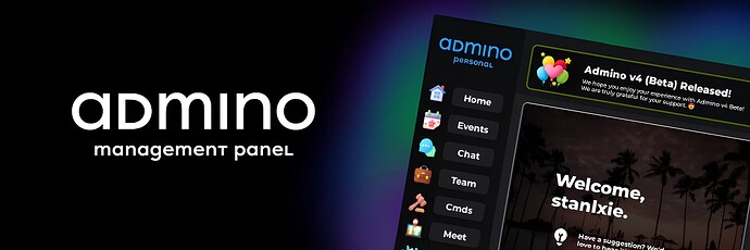 This graphic showcases the interface of Admino, our in-game management panel, displaying its logo, menu options, and the username of @yelnatsz. (Credit: @yelnatsz)