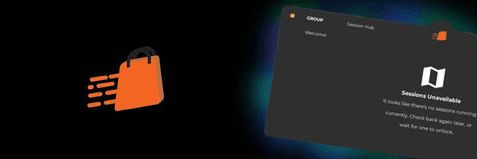 This image showcases a sleek user interface design featuring an orange shopping bag icon on the left and a dark-themed session hub screen on the right, indicating that no sessions are currently available. (Captioned by AI)