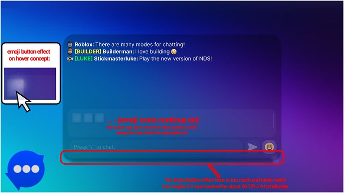This image shows a mock-up of a Roblox chat interface with different chat modes, user messages, and design elements like an emoji button effect and chat input bar highlighted with explanatory annotations. (Captioned by AI)