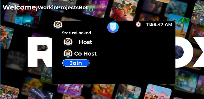 This image shows a welcome screen for "WorkinProjectsBot" with a locked status, host and co-host icons, and a join button, set against a background of colorful game or app thumbnails. (Captioned by AI)