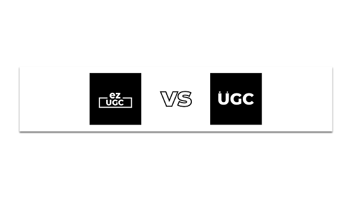 The image shows a simple comparison layout with "OZ UGC" on the left side versus "UGC" on the right side, both displayed in white text on black squares, separated by "VS" in the center. (Captioned by AI)