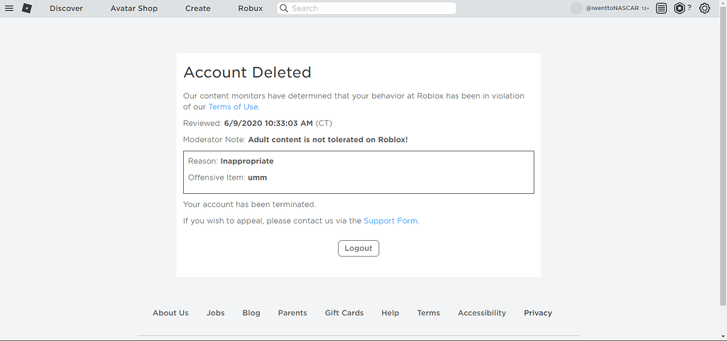 My old account getting unfairly terminated - Terrible roblox