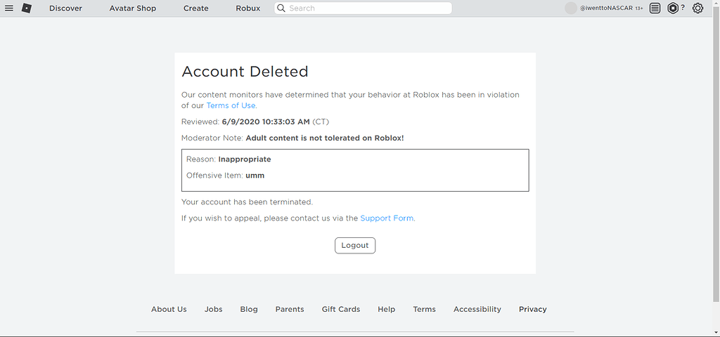 Account moderation, Roblox Wiki