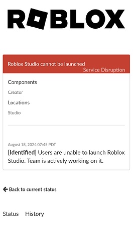 This image shows a Roblox service disruption notice indicating that Roblox Studio cannot be launched, with details about affected components and a timestamp of August 18, 2024. (Captioned by AI)