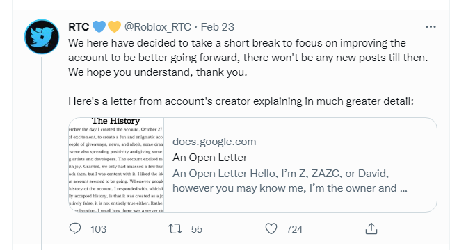 Twitter post about roblox going down