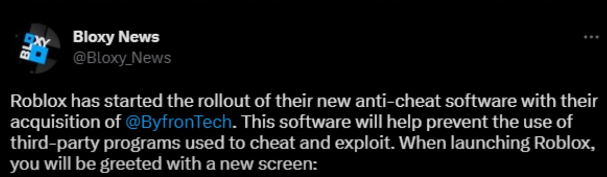EventHunters - Roblox News on X: Roblox Anti Cheat Is HERE! (finally)  Byfron is being rolled out to people! Meaning that exploiters will be seen  less often (hopefully) This screen now pops